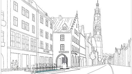 Die Wasserfontäne mit Sitzsockel soll zwischen Koenig-Brunnen und Rathaus entstehen.