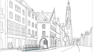 Die Wasserfontäne mit Sitzsockel soll zwischen Koenig-Brunnen und Rathaus entstehen.