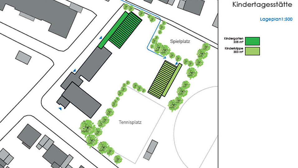 Sollte nach dem ersten Anbau an der Stra&szlig;e noch ein weiterer n&ouml;tig werden, k&ouml;nnte dieser eventuell dort verwirklicht werden, wo demn&auml;chst die Container stehen werden. In den beiden Geb&auml;uden k&ouml;nnten jeweils zwei neue Gruppen unterkommen.