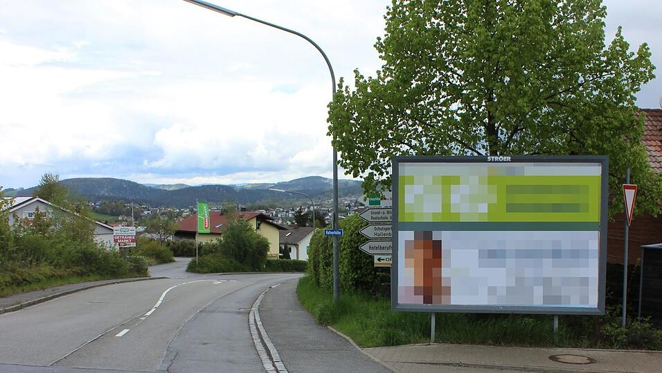 F&uuml;r diese Werbetafel gab es keine Baugenehmigung. Teilweise verdeckt sie Stra&szlig;enschilder.