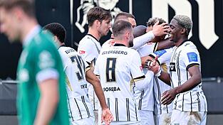 Die Spieler der SV Elversberg feiern den Aufstieg in die Fu&szlig;ball-Bundesliga.