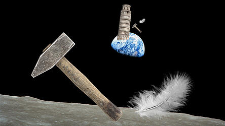 Gäbe es auf der Erde keinen Luftwiderstand, Hammer und Feder würden gleichschnell zu Boden fallen. Das fand Galileo Galilei bei Experimenten vom Schiefen Turm von Pisa heraus. Astronaut David Scott bestätigte diese Erkenntnis auf dem Mond, dort gibt es keinen Luftwiderstand.