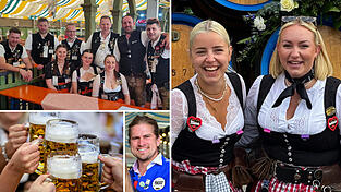 Rechts: Die Bierdienungen – Milena Gassner (links) und Madeleine Simbeck. Links: Ein Teil der Hopfenschubser – mit Nina Pawelsky (vorne, links), Andreas Sarcher (hinten, rechts) und Michael Sturm (hinten, Dritter von rechts). Mitte: Der Unbierlievable Tobias Bauer. 