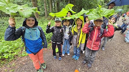 Kreativer Regenschutz: Die Drittkl&auml;ssler genie&szlig;en trotz Regenwetter den Tag im Wald fernab ihres Klassenzimmers in der Grundschule St. Wolfgang.