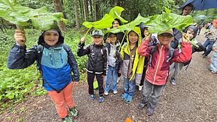 Kreativer Regenschutz: Die Drittkl&auml;ssler genie&szlig;en trotz Regenwetter den Tag im Wald fernab ihres Klassenzimmers in der Grundschule St. Wolfgang.