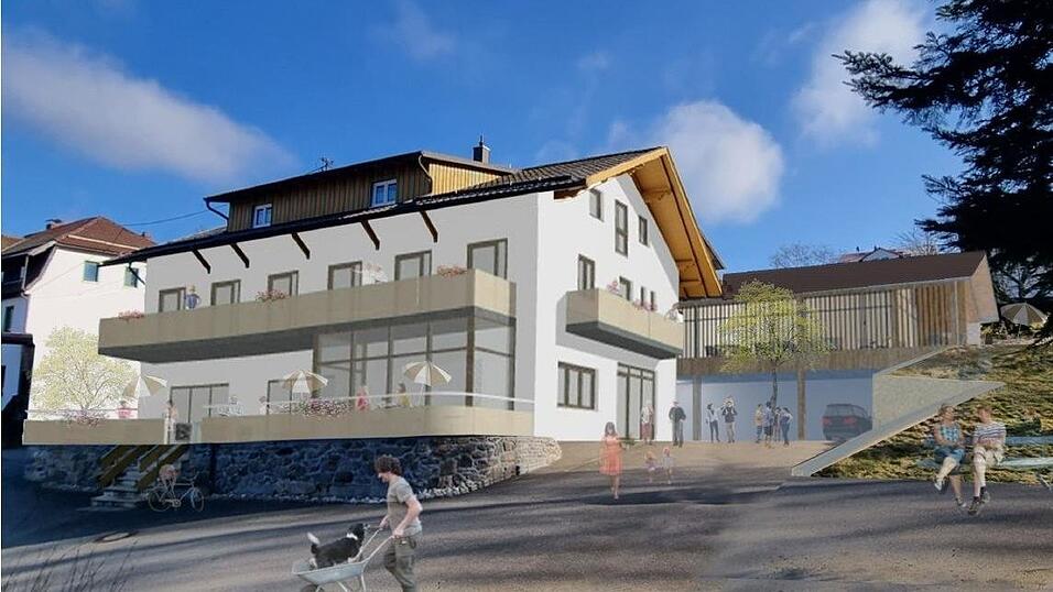 Die k&uuml;nftige Westansicht der fr&uuml;heren B&auml;ckerei nach R&uuml;ckbau des Fr&uuml;hst&uuml;cksraums und der Ladenerweiterung. Damit gewinnt der Bauherr eine ger&auml;umige Terrasse und einen kleineren Wintergarten. Das Obergeschoss erh&auml;lt einen Balkon.