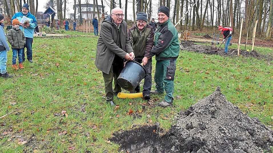 Beim Einpflanzen der Baumspende (v. l.): Landrat Martin Neumeyer, Max Ohneis vom Förderverein und Bürgermeister Johann Bergermeier. Beim Einpflanzen der Baumspende (v. l.): Landrat Martin Neumeyer, Max Ohneis vom Förderverein und Bürgermeister Johann Bergermeier.