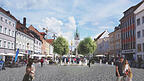 Die Visualisierung zeigt, wie das Fontänenfeld mit den Bäumen und Bänken einmal aussehen soll. Poller gibt es auch dazu, die hoffentlich nicht so anfällig sind wie die am Ludwigsplatz.