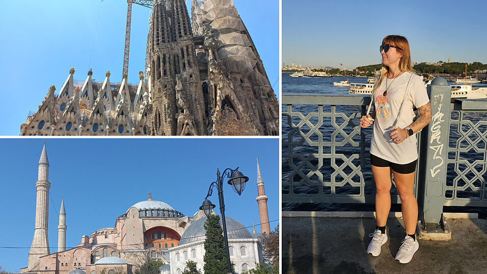 Besondere Gotteshäuser haben beide Städte: oben die Sagrada Família in Barcelona, unten die Moschee Hagia Sophia in Istanbul. Kati Auerswald hat es bei ihrem Zwischenstopp in Europa in beiden Metropolen gefallen. Auf dem Foto rechts blickt sie noch aufs Mittelmeer in Istanbul, mittlerweile ist sie in Kapstadt an der Atlantikküste.