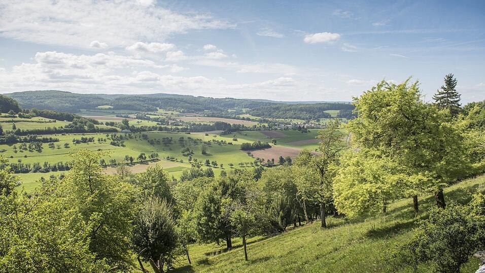 Der knapp 25 Kilometer lange Drei-Burgen-Weg f&uuml;hrt &uuml;ber H&uuml;gel und durch T&auml;ler und bietet zahlreiche Aussichtspunkte auf den Spessart, das Sinntal und die Rh&ouml;n.