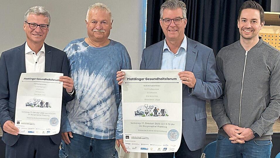 Sie freuen sich auf einen informativen Gesundheitstag: (v.l.) Schirmherr Landrat Bernd Sibler, Organisator und Vorsitzender des Bundesverbands Schlafapnoe, Helmut Dendl, Bürgermeister Hans Schmalhofer und Rainer Unrecht von der Stabsstelle „Gesundheitsregion plus“. Sie freuen sich auf einen informativen Gesundheitstag: (v.l.) Schirmherr Landrat Bernd Sibler, Organisator und Vorsitzender des Bundesverbands Schlafapnoe, Helmut Dendl, Bürgermeister Hans Schmalhofer und Rainer Unrecht von der Stabsstelle „Gesundheitsregion plus“.