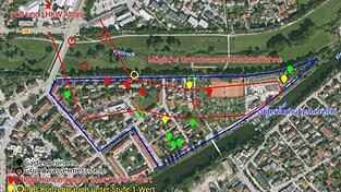 Im rot umrandeten Bereich wurden erh&ouml;hte Schadstoffwerte festgestellt. Anwohner sollen noch nicht untersuchte Brunnen im blau umrandeten Bereich der Stadt melden.