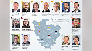 Eine &Uuml;bersicht der B&uuml;rgermeisterkandidaten im Landkreis Deggendorf rechts der Donau. In Osterhofen und K&uuml;nzing gibt es keine B&uuml;rgermeisterwahlen.