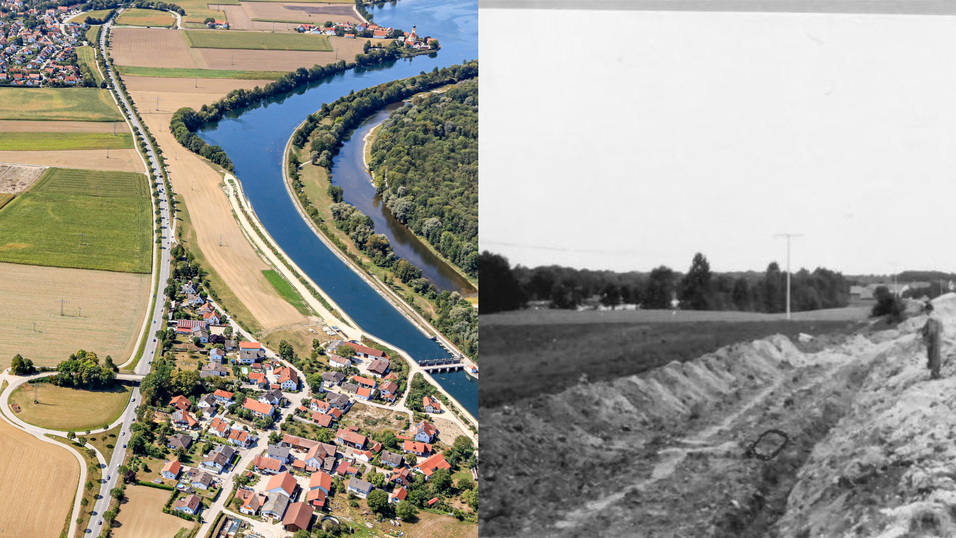 Auf dem historischen Foto in der Polizeiakte ist der Skelett-Fundort an der B11 zu sehen. Mittlerweile führt in der Nähe ein Radweg vorbei, dort soll eine Infotafel entstehen. Die Luftaufnahme zeigt die Stelle heute (im Bildzentrum), zwischen Viecht (oben links), Eching (rechts, am Stausee) und Hofham (unten). Auf dem historischen Foto in der Polizeiakte ist der Skelett-Fundort an der B11 zu sehen. Mittlerweile führt in der Nähe ein Radweg vorbei, dort soll eine Infotafel entstehen. Die Luftaufnahme zeigt die Stelle heute (im Bildzentrum), zwischen Viecht (oben links), Eching (rechts, am Stausee) und Hofham (unten).
