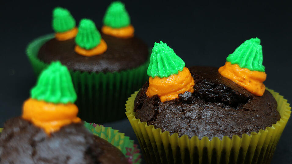 Die fertigen Möhrchen-Schokocupcakes von Bettina Zeiler können sich sehen lassen. Herrlich schokoladig und ein Blickfang al­le­mal.