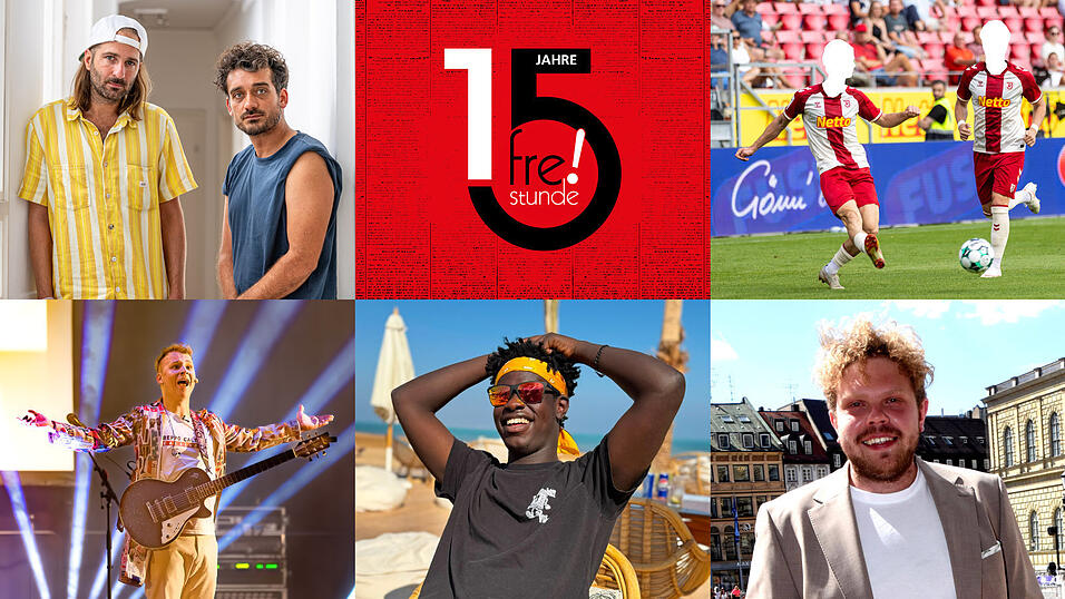 Diese fünf Promis gestalten eine Freistunde (von links oben im Uhrzeigersinn): Mundart-Rapper Dicht & Ergreifend, Fußball-Profis von Jahn Regensburg, Schauspieler Johannes Berzl, Koch-Influencer Noah Hansen, Comedian Beppo Calzone. Diese fünf Promis gestalten eine Freistunde (von links oben im Uhrzeigersinn): Mundart-Rapper Dicht & Ergreifend, Fußball-Profis von Jahn Regensburg, Schauspieler Johannes Berzl, Koch-Influencer Noah Hansen, Comedian Beppo Calzone.