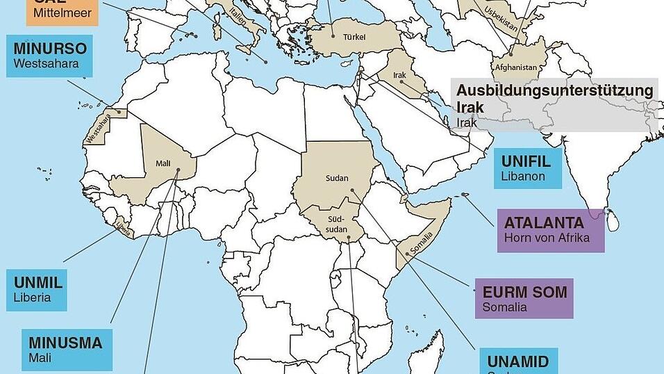 Zur Politikserie vom 7. Juni: Deutschland ist nicht auf Eigeninitiative im Einsatz, sondern immer eingebettet in die drei Bündnisse NATO (gelb), Vereinten Nationen (UN, blau) oder EU (violett). Zur Politikserie vom 7. Juni: Deutschland ist nicht auf Eigeninitiative im Einsatz, sondern immer eingebettet in die drei Bündnisse NATO (gelb), Vereinten Nationen (UN, blau) oder EU (violett).