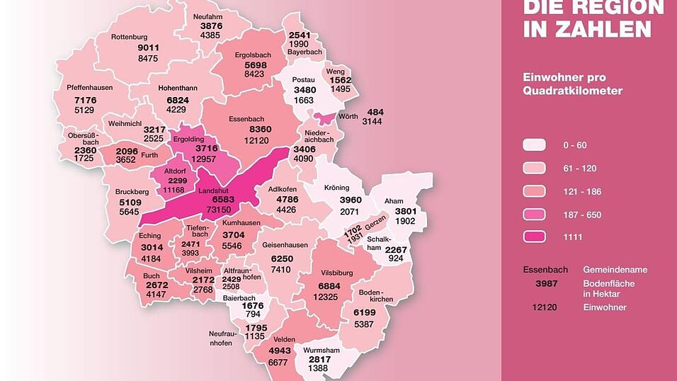 Die Grafik zeigt, wie die Region besiedelt ist: In den hell eingef&auml;rbten Gemeinden leben weniger Menschen pro Quadratkilometer als in Gebieten mit kr&auml;ftigeren Farben. Bei den Einwohnerzahlen haben wir die aktuellsten Werte des Statistischen Landesamtes Bayern verwendet, sie sind auf dem Stand vom 31. Dezember 2021.