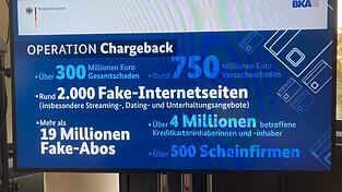 Informationen zu 'Operation Chargeback' sind im Rahmen einer Pressekonferenz beim BKA auf einem Bildschirm zu sehen.