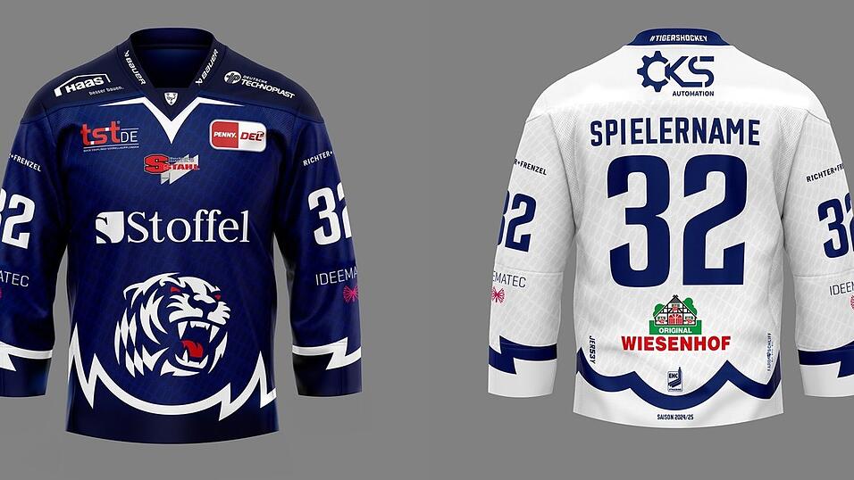 Die Grundfarben sind die gleichen, die Details neu: das Heimtrikot (l., Vorderseite) und das Ausw&auml;rtstrikot (R&uuml;ckseite) der Straubing Tigers f&uuml;r die Saison 2024/25.