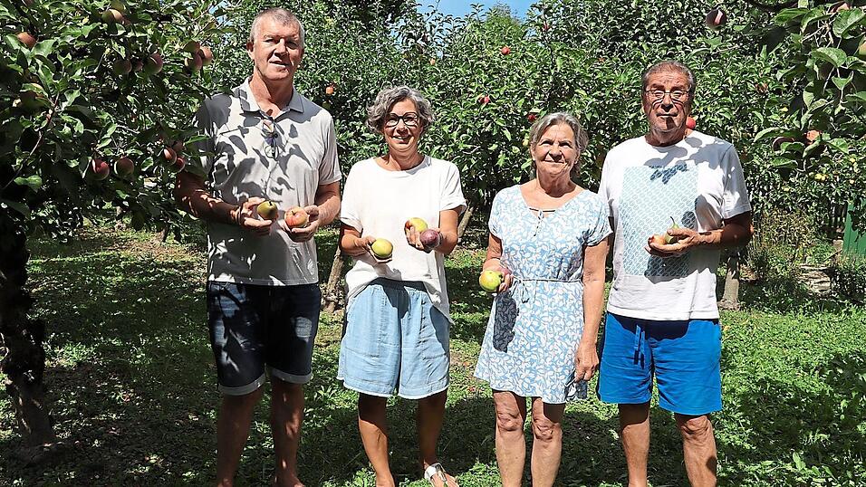 Die beiden Vorsitzenden Johanna Niederl (2. v. r.) und Susanne Aigner (2.v. l.) bringen in der Musterobstanlage gerne Kindern Wissen rund um &Auml;pfel und Fr&uuml;chte bei. G&uuml;nther Bredl (l.) und Manfred Niederl (r.) k&uuml;mmern sich um den Schnitt und die Pflege der Anlage.
