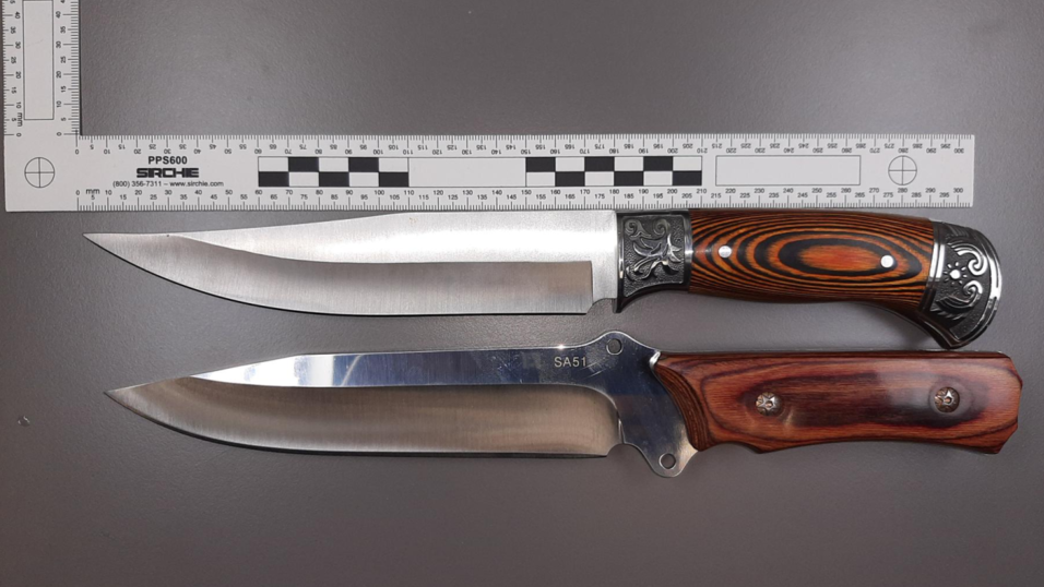 In der Seitenablage der Fahrertüre fanden die Beamten zwei Messer mit einer Klingenlänge von 18 Zentimetern. In der Seitenablage der Fahrertüre fanden die Beamten zwei Messer mit einer Klingenlänge von 18 Zentimetern.
