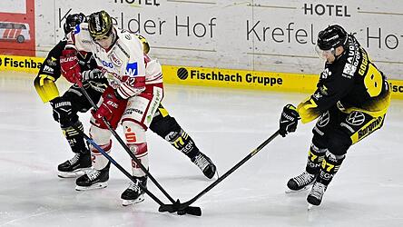 Harte Partie: Krefeld hat vor allem im ersten Drittel bewiesen, dass sie nicht nur spielerisch schwer zu schlagen sind, sondern auch k&ouml;rperlich ordentlich Wumms aufs Eis bringen. Das musste unter anderem Landshuts Tor Immo (Goldhelm) am eigenen Leib erfahren.