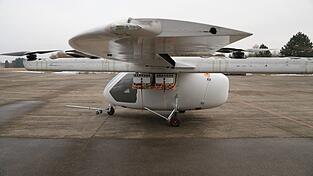 Ein Prototyp des fliegenden Krankenwagens, den das oberbayerische Start-Up ERC System in Kooperation mit der Luftrettung DRF entwickelt.