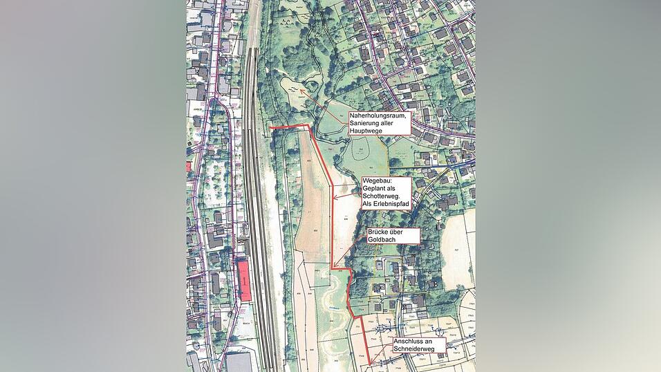 460 Meter lang soll der Fußweg (rot markiert) werden. 460 Meter lang soll der Fußweg (rot markiert) werden.