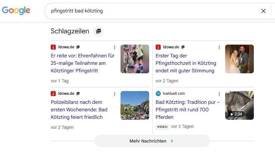 So sieht die Nachrichtenbox in der Google-Ergebnisliste aus. Wenn man auf das Icon neben &bdquo;Schlagzeilen&ldquo; klickt, kann man seine bevorzugten Quellen eingeben.