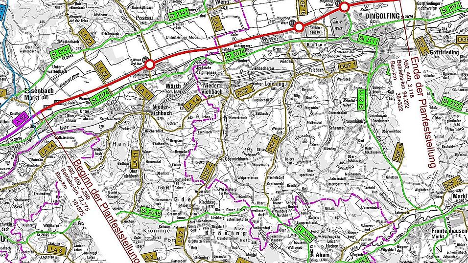 Im rot gekennzeichneten Streckenabschnitt soll es einen neuen Belag der A92 geben. Im rot gekennzeichneten Streckenabschnitt soll es einen neuen Belag der A92 geben.
