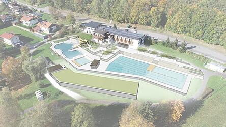 So könnte das Viechtacher Freibad nach der Generalsanierung aussehen: Aus dem jetzigen Sportbecken soll ein Kombibecken mit integriertem Sprungturm werden. Das Wasser wird durch die unterhalb an das Becken angrenzende Bodenfläche, die mit Schilf bewachsen ist, biologisch gefiltert.