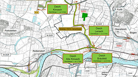 Gr&uuml;n: Der neue geplante Schutzdamm und die vorhandenen D&auml;mme, die k&uuml;nftig gegen ein hundertj&auml;hriges Hochwasser sch&uuml;tzen sollen.