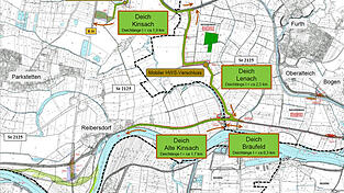 Gr&uuml;n: Der neue geplante Schutzdamm und die vorhandenen D&auml;mme, die k&uuml;nftig gegen ein hundertj&auml;hriges Hochwasser sch&uuml;tzen sollen.