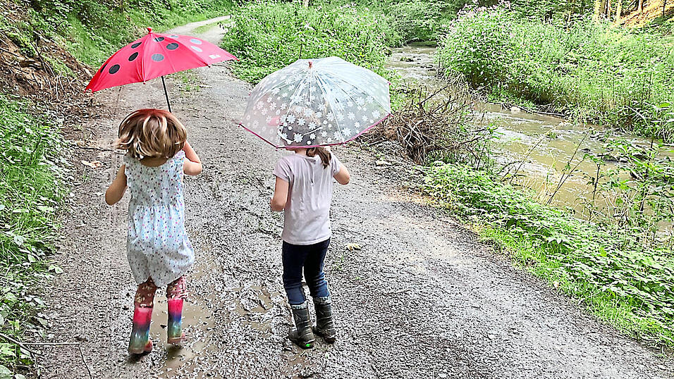 Auch bei Regenwetter hat das Perlbachtal bei Mitterfels seinen Charme - und jede Menge Matschpf&uuml;tzen zum Hineinspringen, so wie hier auf dem Bild auf dem Rundweg 3a entlang der Menach.