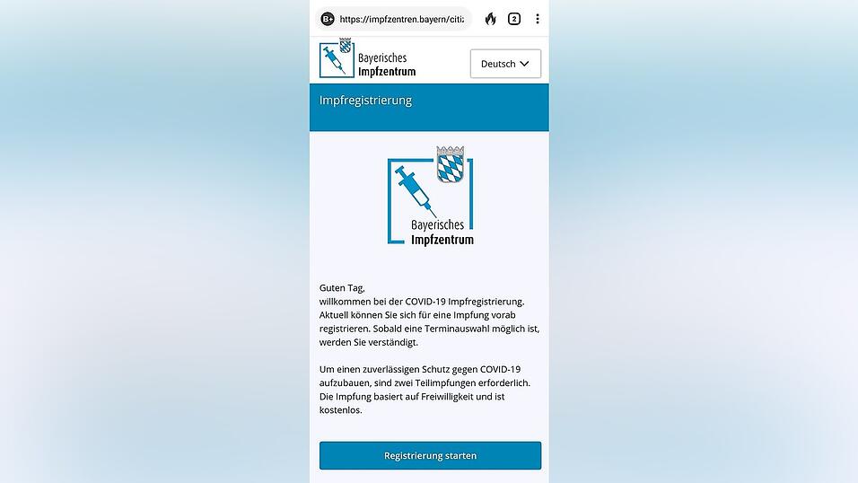 So sieht die Seite www.impfzentren.bayern auf einem Handybildschirm aus.