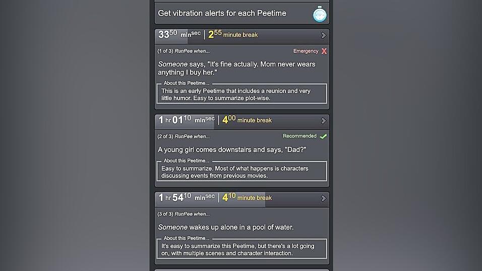 'RunPee' lässt dein Handyvibrieren, wenn ein guterZeitpunkt ist, um aufs Klozu gehen. Screenshot: RunPee