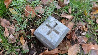 Ein Grenzstein steht nahe des &ouml;ffentlichen Weges.