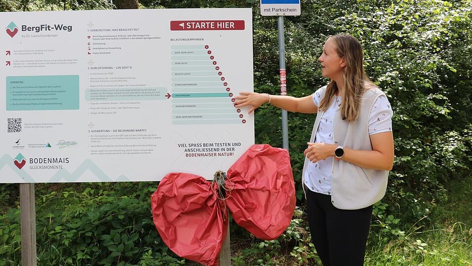 Dr. Laura Eisenberger erklärt, wie man sich auf dem BergFit-Weg am Silbergerg bei Bodenmais selbst testen kann. Dr. Laura Eisenberger erklärt, wie man sich auf dem BergFit-Weg am Silbergerg bei Bodenmais selbst testen kann.