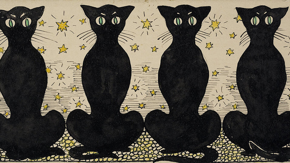 Auch im vorvorigen Jahrhundert, lange vor Facebook und Instagram, liebten die Leute schon Cat-Content: Carl Strathmann hielt 'Vier schwarze Katzen' um 1896 als Aquarell und mit Tusche fest.