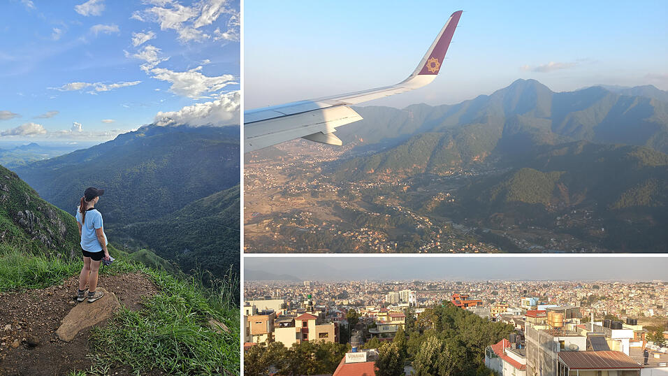 Auf dem Foto links blickt Kati noch auf die Berge Sri Lankas zurück, mittlerweile ist sie von noch höheren Gipfeln umgeben: Die Regensburgerin ist in der Hauptstadt Nepals, Kathmandu.