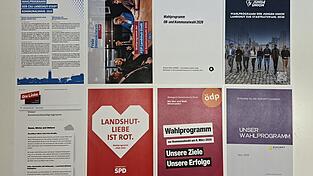 So unterschiedlich wie die Cover sind auch die Inhalte der acht Wahlprogramme f&uuml;r die Landshuter Kommunalwahl. Von links oben im Uhrzeigersinn: CSU, FDP, Gr&uuml;ne, Junge Union, &bdquo;Zukunft Landshut, &Ouml;DP, SPD, Linke.