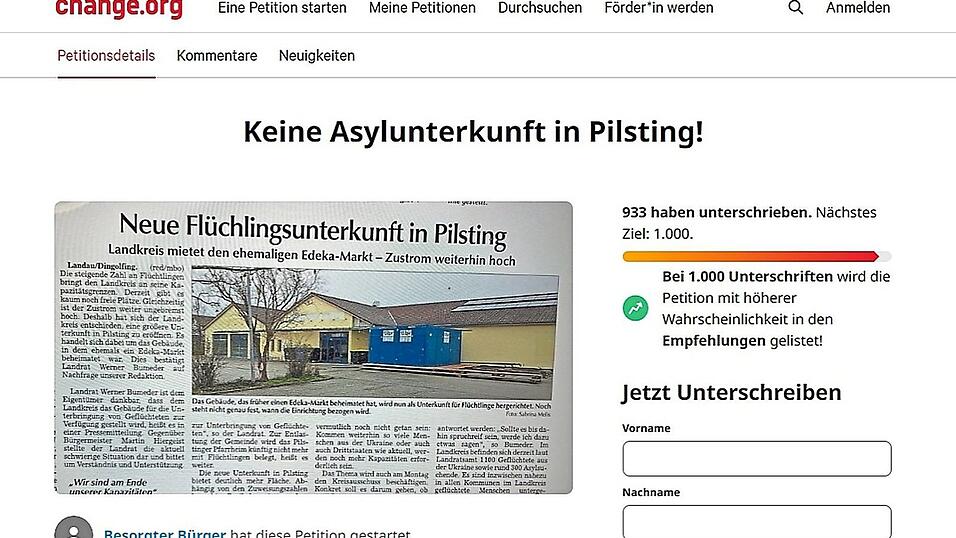 Auf der Plattform 'change.org' hat ein Nutzer mit der Bezeichnung 'besorgter B&uuml;rger' zur Unterschrift gegen die Asylunterkunft in Pilsting aufgerufen. Ganz nebenbei sei hier angemerkt, dass es sich beim Kopieren und Weiterverbreiten von Zeitungsartikeln ohne Erlaubnis der Urheber um eine Urheberrechtsverletzung handelt.