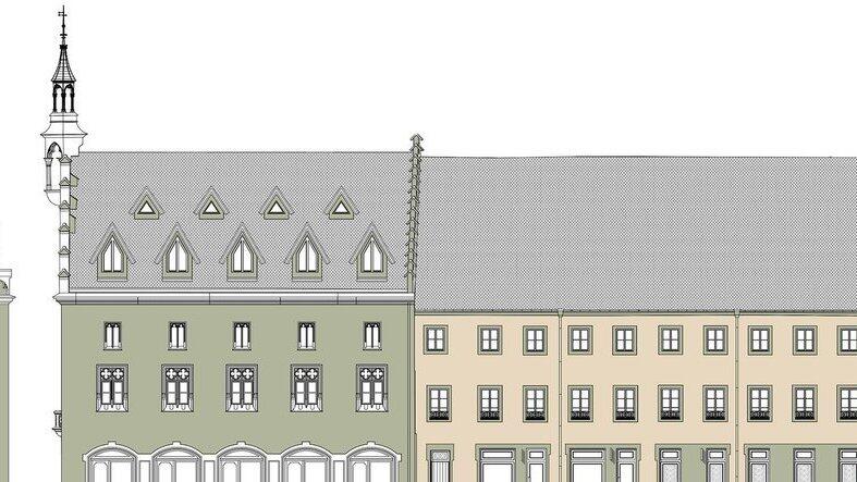 Wie in der neugotischen Fassung des 19. Jahrhunderts wird das Rathaus k&uuml;nftig wieder in einem zarten gr&uuml;n-grauen Farbton gehalten werden. Der Ostfl&uuml;gel entlang der Simon-H&ouml;ller-Stra&szlig;e schlie&szlig;t sich daran in der hellbeigen Farbe der benachbarten Natursteingew&auml;nde an. Das Dischingerhaus mit dem neuen Eingang und dem umgestalteten Dach zeigt wieder die urspr&uuml;ngliche schilfgr&uuml;ne Farbfassung.