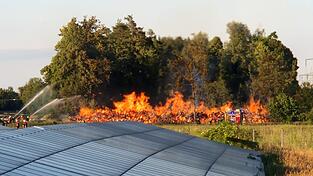Ein großer Haufen Altholz ist am Samstag kurz nach 20 Uhr an der Grenze zwischen Ober- und Niederbayern in Flammen aufgegangen.