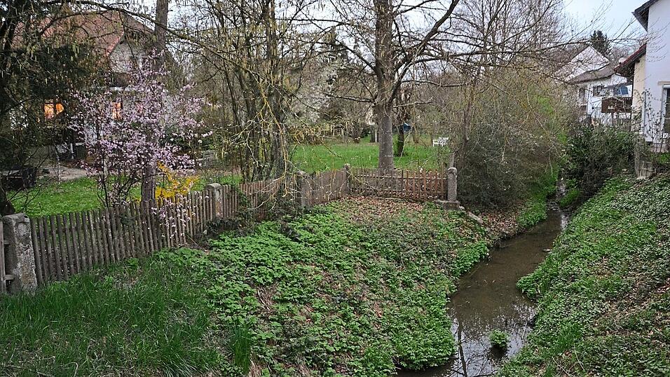 Bei starken Regenf&auml;llen verwandelt sich der Leitersdorfer Bach rasend schnell in einen rei&szlig;enden Strom - und &uuml;berschwemmt das Grundst&uuml;ck links im Bild. Genau dort soll der Parkplatz f&uuml;r eine Wohnanlage entstehen. Die Mitglieder des Bauausschusses warnen vor der Gefahr, die das Kreisbauamt offenbar nicht sehen will. Foto: