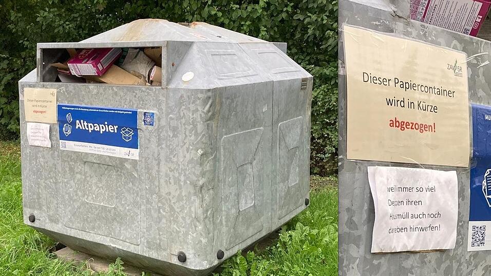 Der Papiercontainer am Grasiger Weg steht unter anderem auf der Streichliste des ZAW. Allerdings nicht wegen der wilden Müllablagerungen im Umfeld, wie ein Unbekannter mutmaßt (re.).