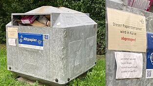 Der Papiercontainer am Grasiger Weg steht unter anderem auf der Streichliste des ZAW. Allerdings nicht wegen der wilden Müllablagerungen im Umfeld, wie ein Unbekannter mutmaßt (re.).