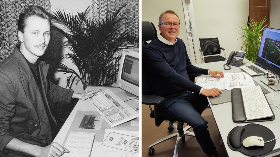 36 Jahre liegen zwischen diesen beiden Bildern. Einmal Richard Hobmeier kurz vor der Kommunalwahl 1990 mit 28 Jahren als Systembetreuer (links) - und mit 63 Jahren als Leiter des Liegenschaftsamts.