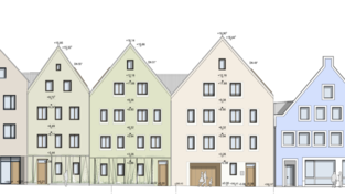 Diese Visualisierung zeigt die &uuml;berarbeitete Fassung der geplanten Neubebauung von der Wagnergasse aus gesehen. Kleingliedrigkeit entsprechend der alten Geb&auml;ude war ein Kriterium.